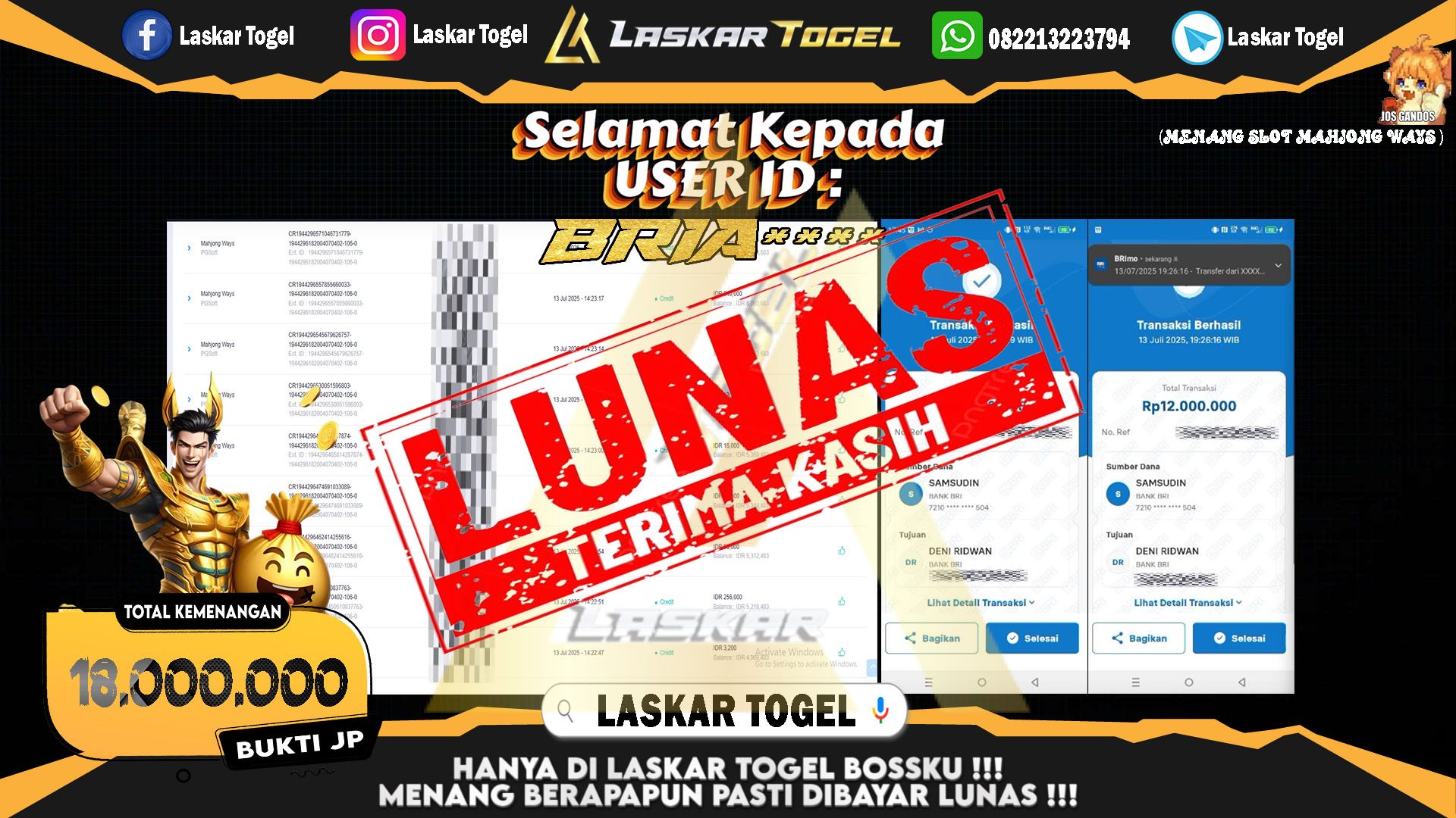 LASKARTOGEL JACKPOT SLOT MAHJONG WAYS Rp.18.000.000.,- LUNAS