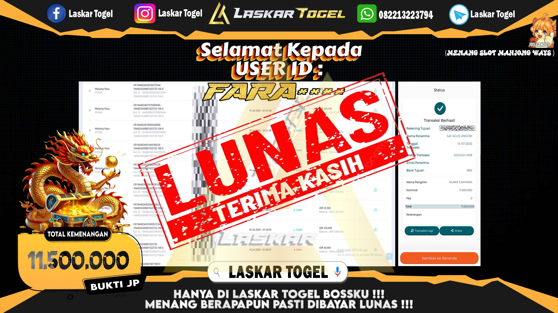 LASKARTOGEL JACKPOT SLOT MAHJONG WAYS Rp.11.500.000.,- LUNAS