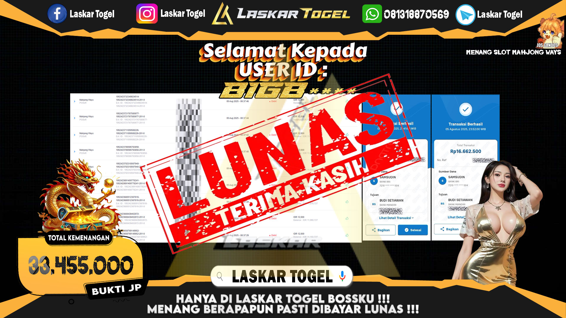 LASKARTOGEL JACKPOT SLOT MAHJONG WAYS Rp.33.455.000.,- LUNAS