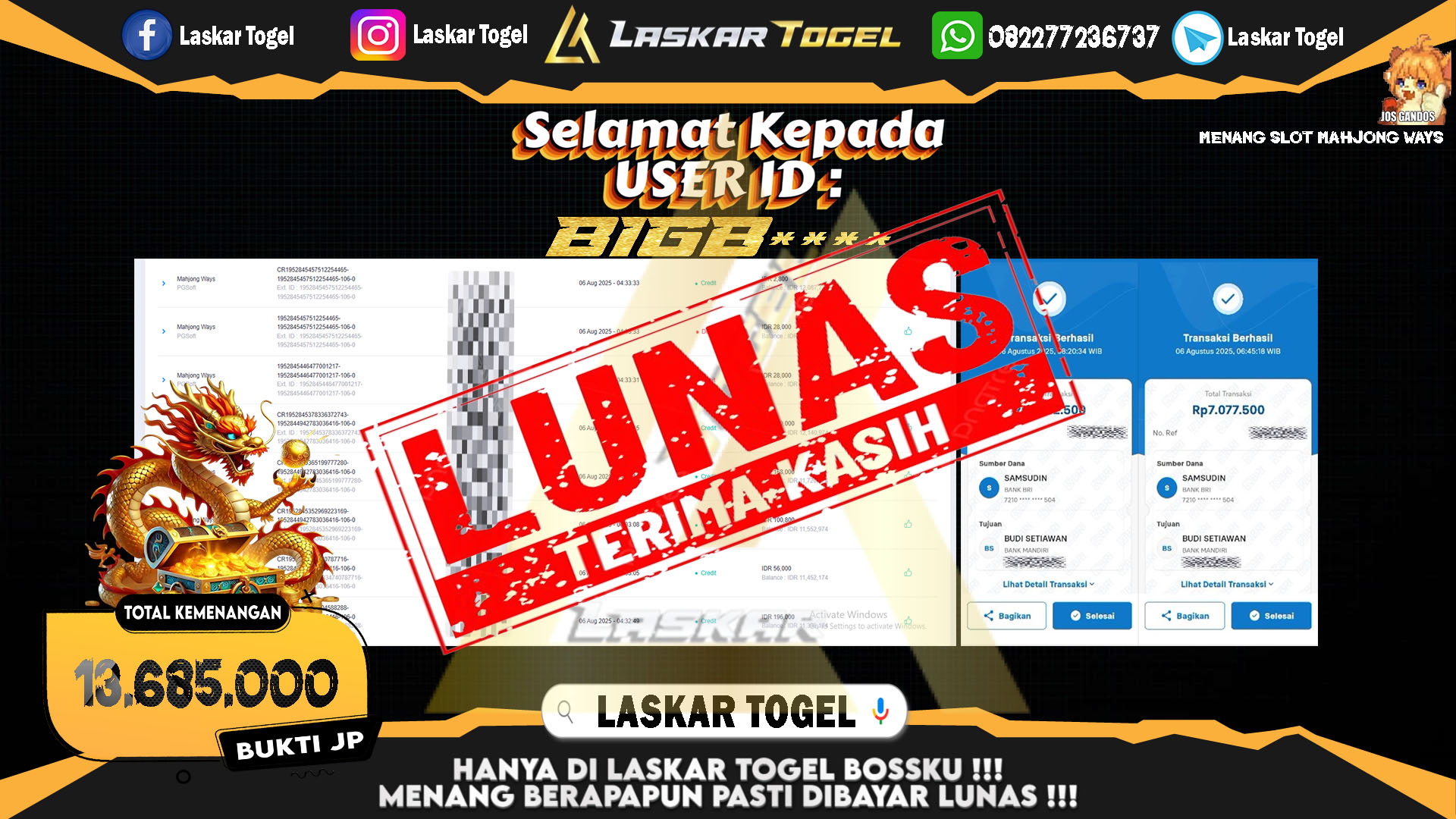 LASKARTOGEL JACKPOT SLOT MAHJONG WAYS Rp.13.685.000.,- LUNAS