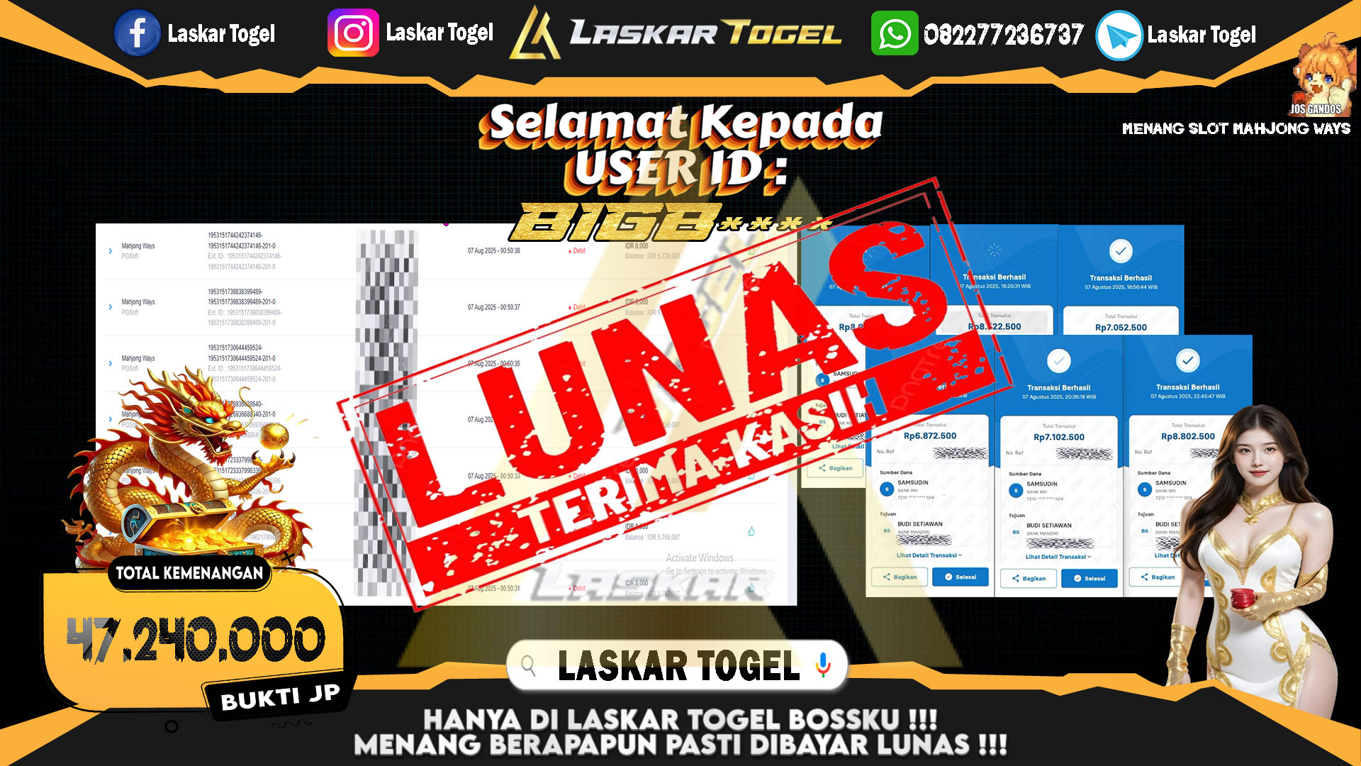 LASKARTOGEL JACKPOT SLOT MAHJONG WAYS Rp.47.240.000.,- LUNAS