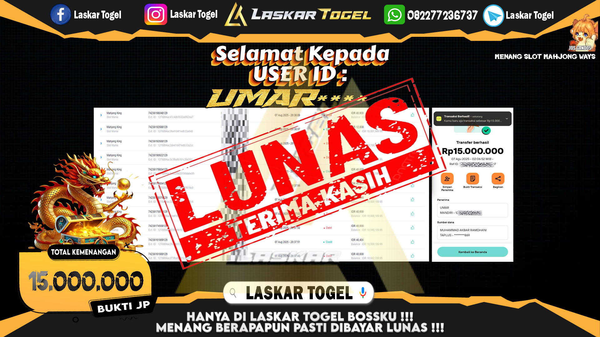 LASKARTOGEL JACKPOT SLOT MAHJONG WAYS Rp.15.000.000.,- LUNAS