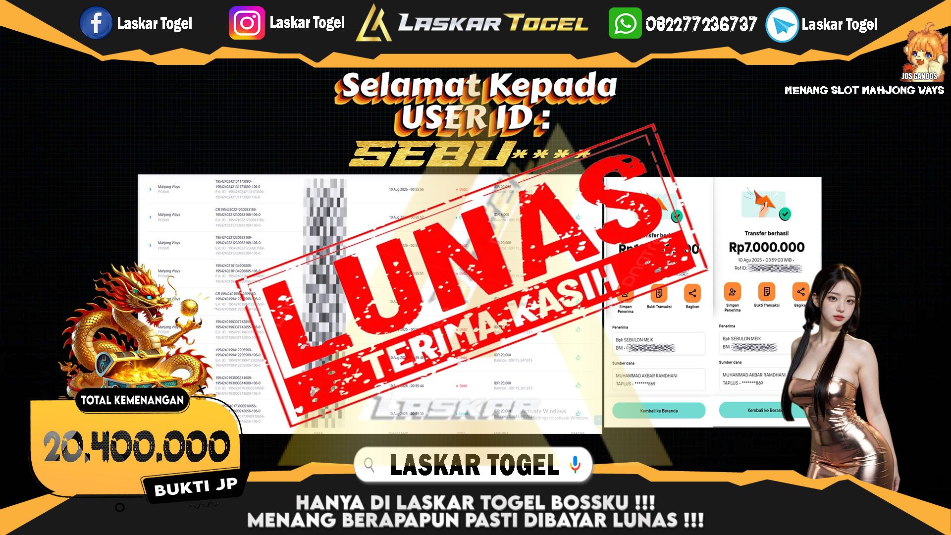 LASKARTOGEL JACKPOT SLOT MAHJONG WAYS Rp.20.400.000.,- LUNAS