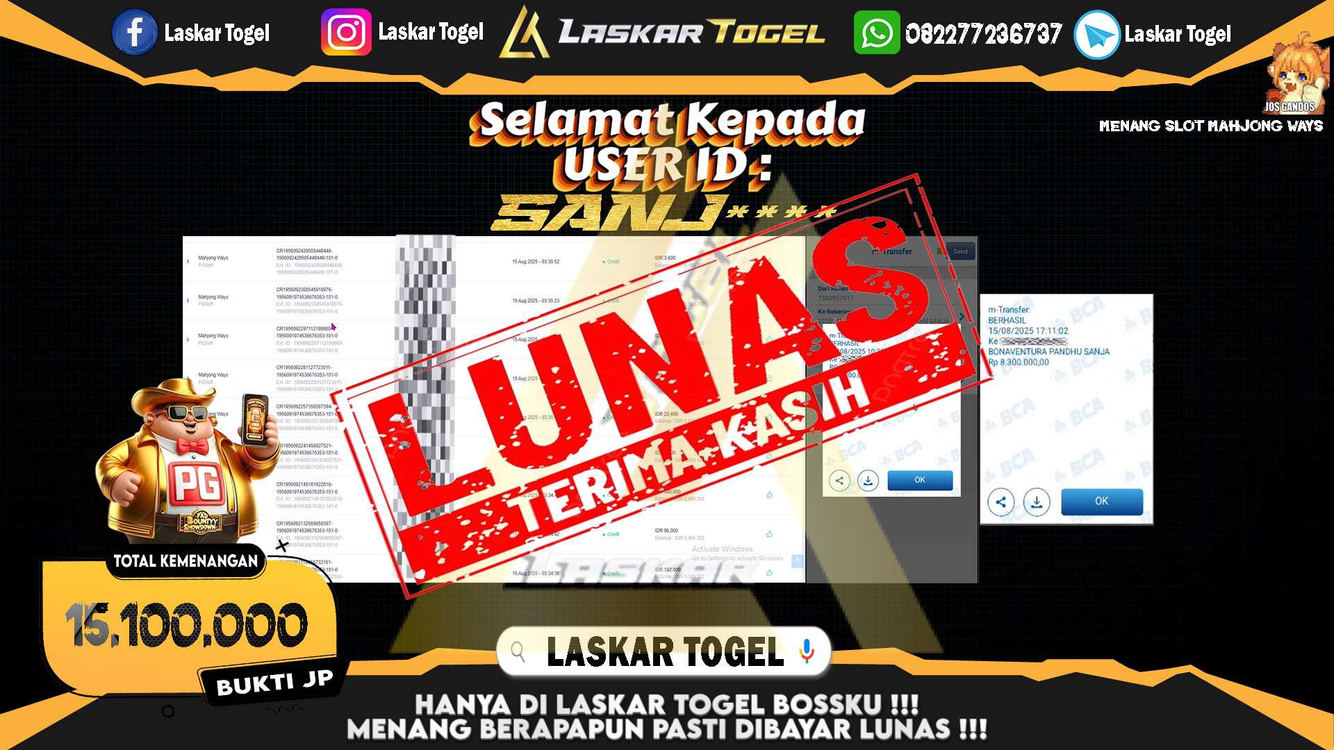 LASKARTOGEL JACKPOT SLOT MAHJONG WAYS Rp.15.100.000.,- LUNAS