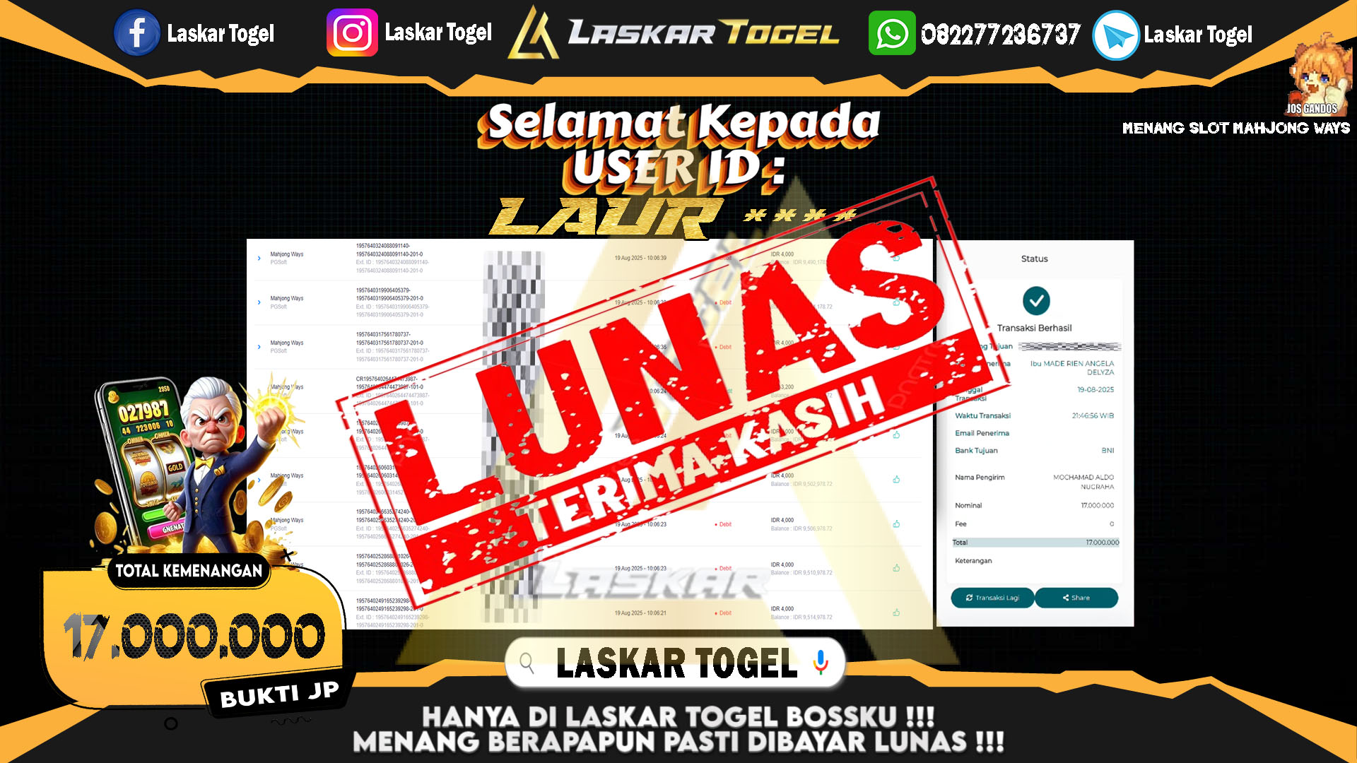 LASKARTOGEL JACKPOT SLOT MAHJONG WAYS Rp.17.000.000.,- LUNAS