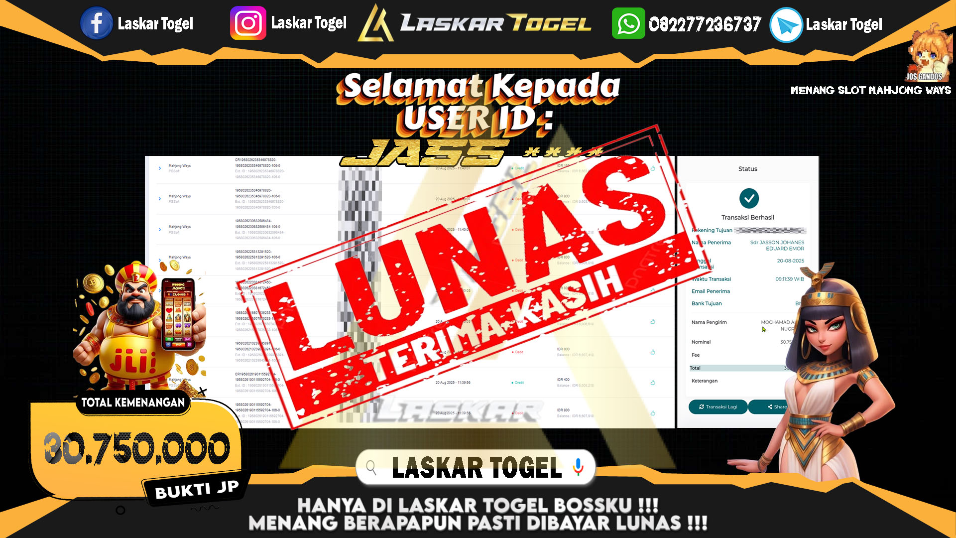 LASKARTOGEL JACKPOT SLOT MAHJONG WAYS Rp.30.750.000.,- LUNAS