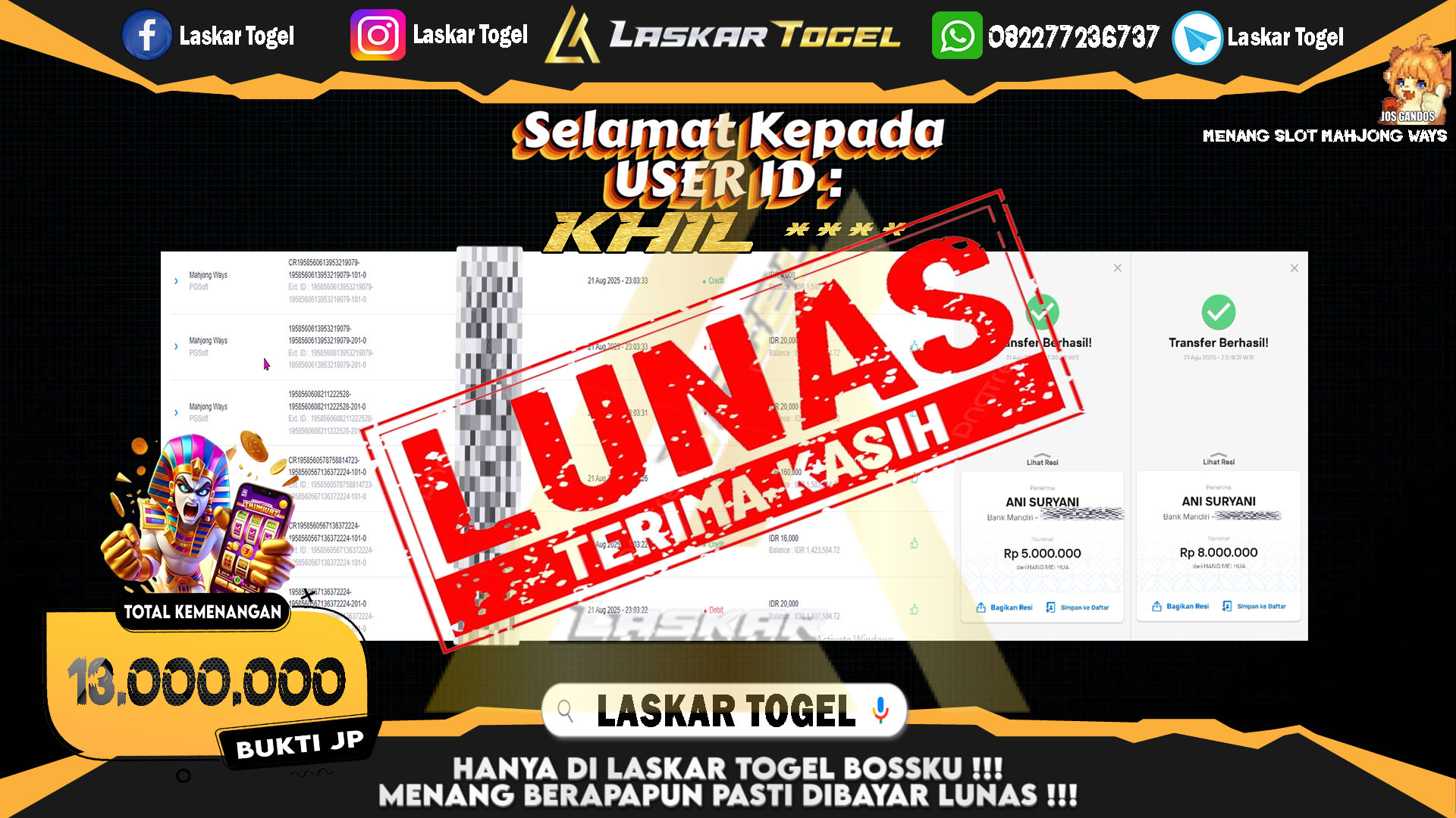 LASKARTOGEL JACKPOT SLOT MAHJONG WAYS Rp.13.000.000.,- LUNAS