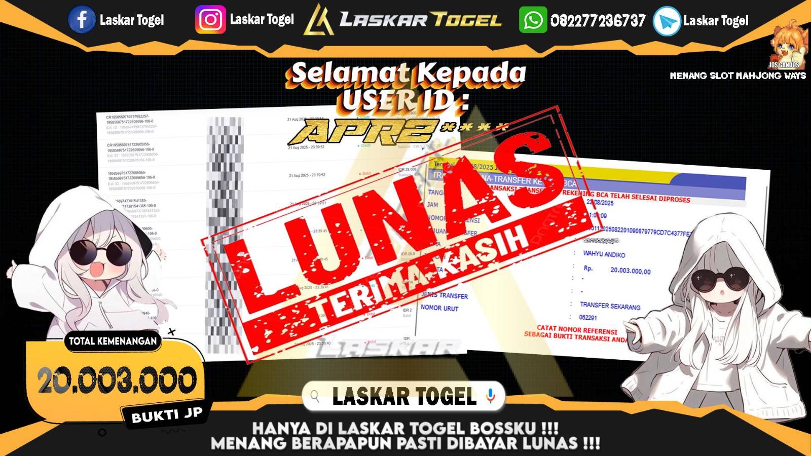 LASKARTOGEL JACKPOT SLOT MAHJONG WAYS Rp.20.003.000.,- LUNAS