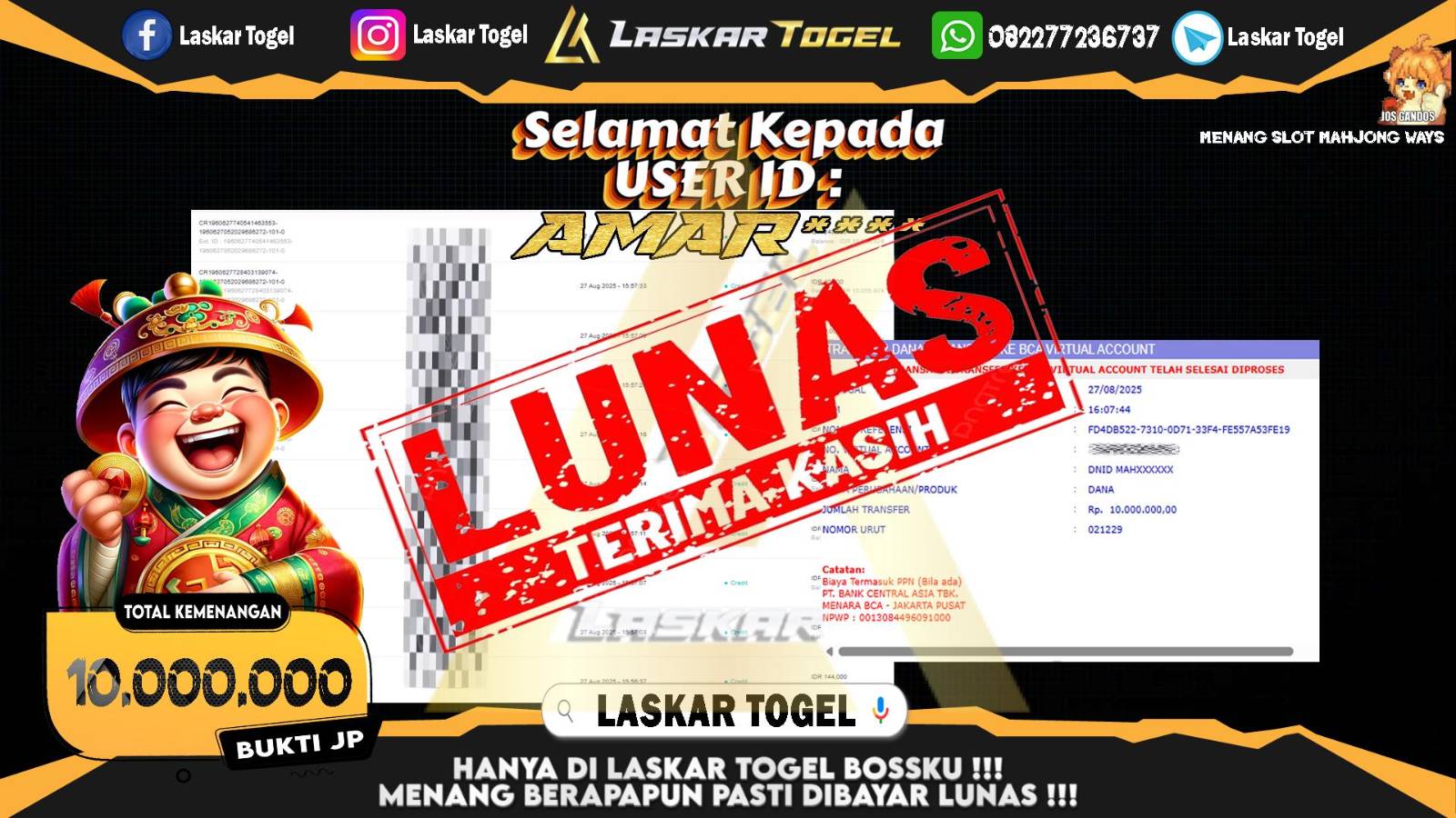 LASKARTOGEL JACKPOT SLOT MAHJONG WAYS Rp.10.000.000,- LUNAS