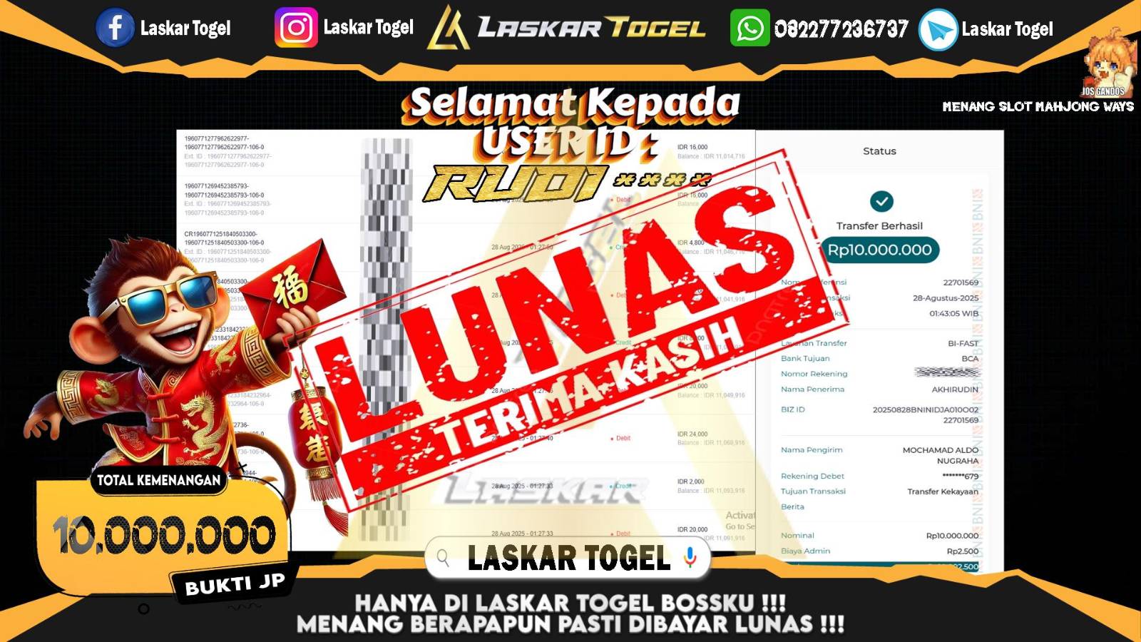 LASKARTOGEL JACKPOT SLOT MAHJONG WAYS Rp.10.000.000,- LUNAS