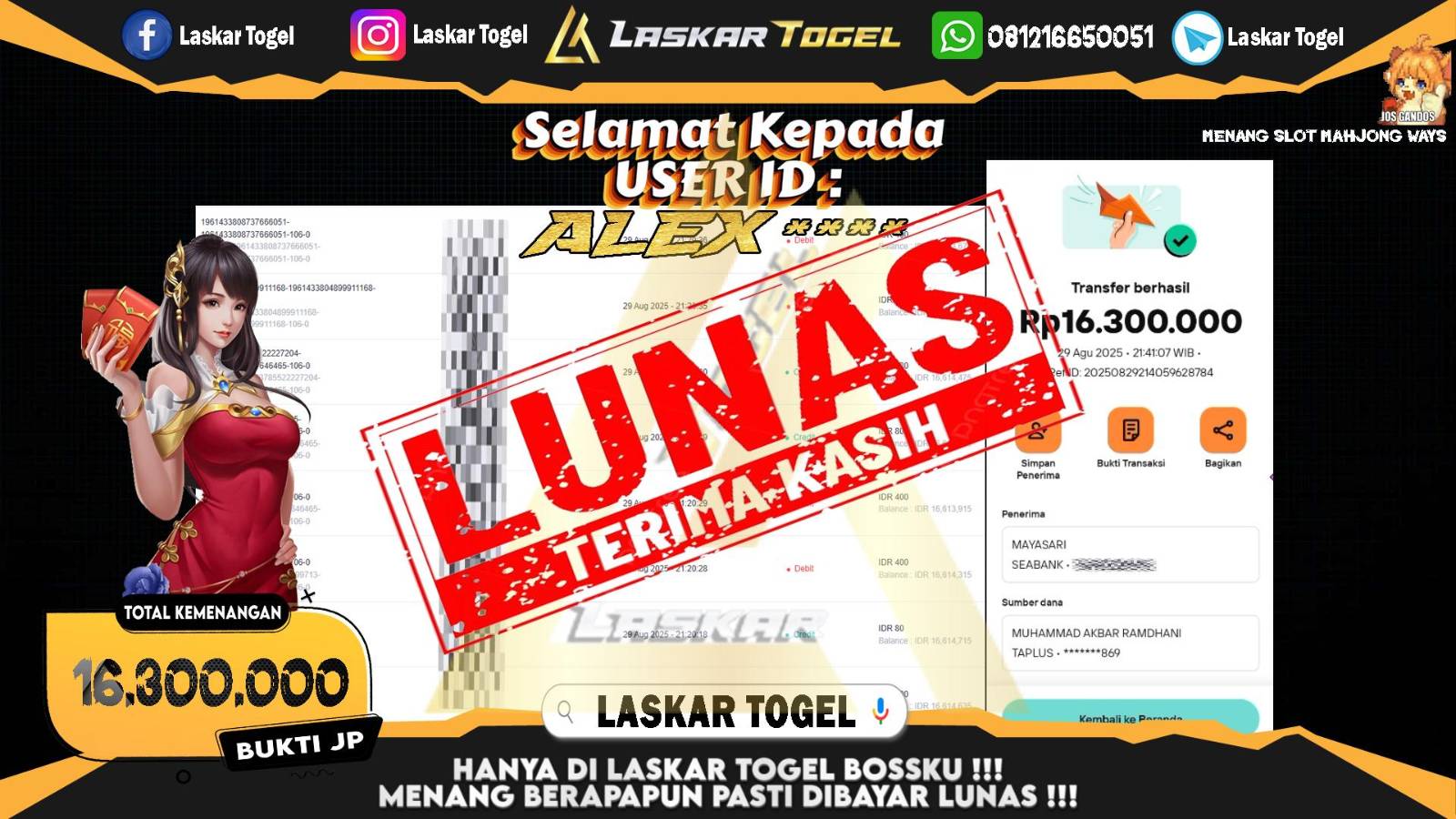 LASKARTOGEL JACKPOT SLOT MAHJONG WAYS Rp.16.300.000,- LUNAS