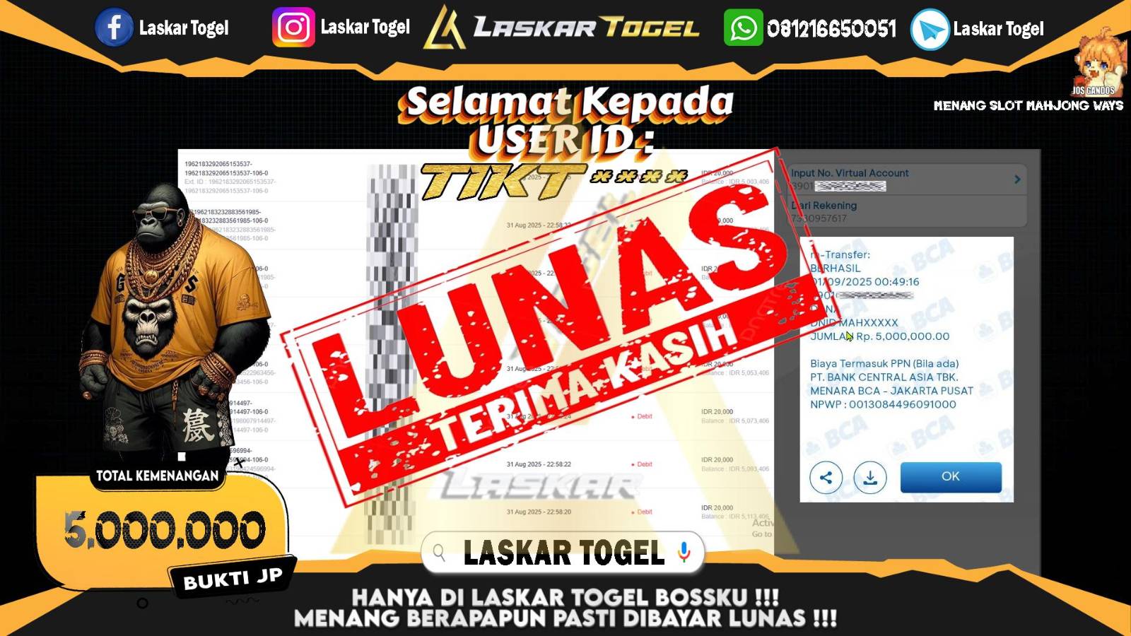 LASKARTOGEL JACKPOT SLOT MAHJONG WAYS Rp.5.000.000,- LUNAS