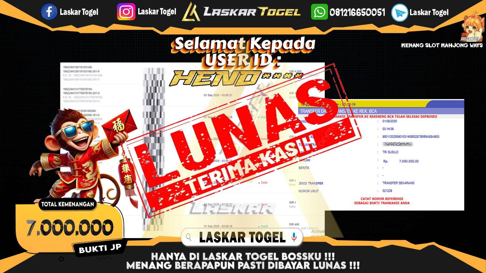 LASKARTOGEL JACKPOT SLOT MAHJONG WAYS Rp.7.000.000,- LUNAS