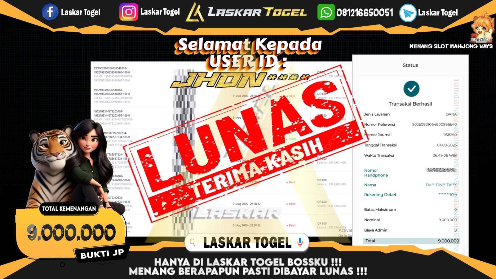 LASKARTOGEL JACKPOT SLOT MAHJONG WAYS Rp.9.000.000,- LUNAS