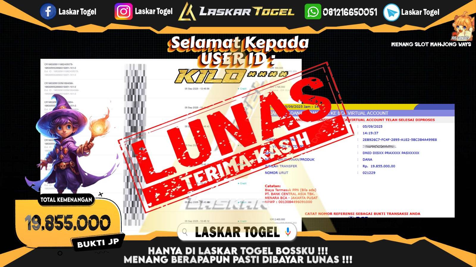 LASKARTOGEL JACKPOT SLOT MAHJONG WAYS Rp.19.855.000,- LUNAS