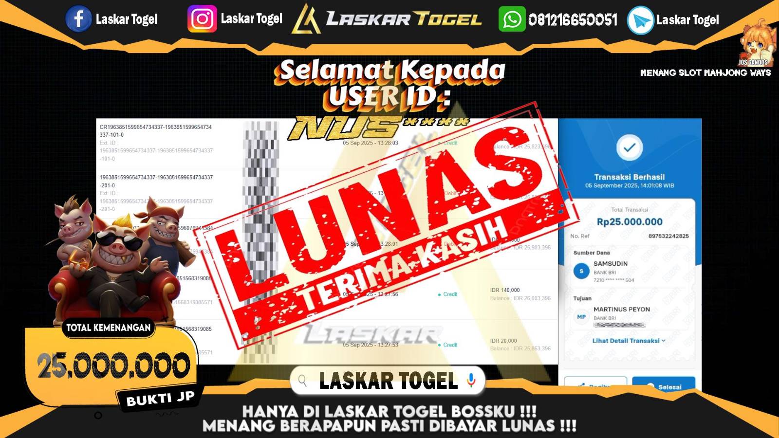 LASKARTOGEL JACKPOT SLOT MAHJONG WAYS Rp.25.000.000,- LUNAS