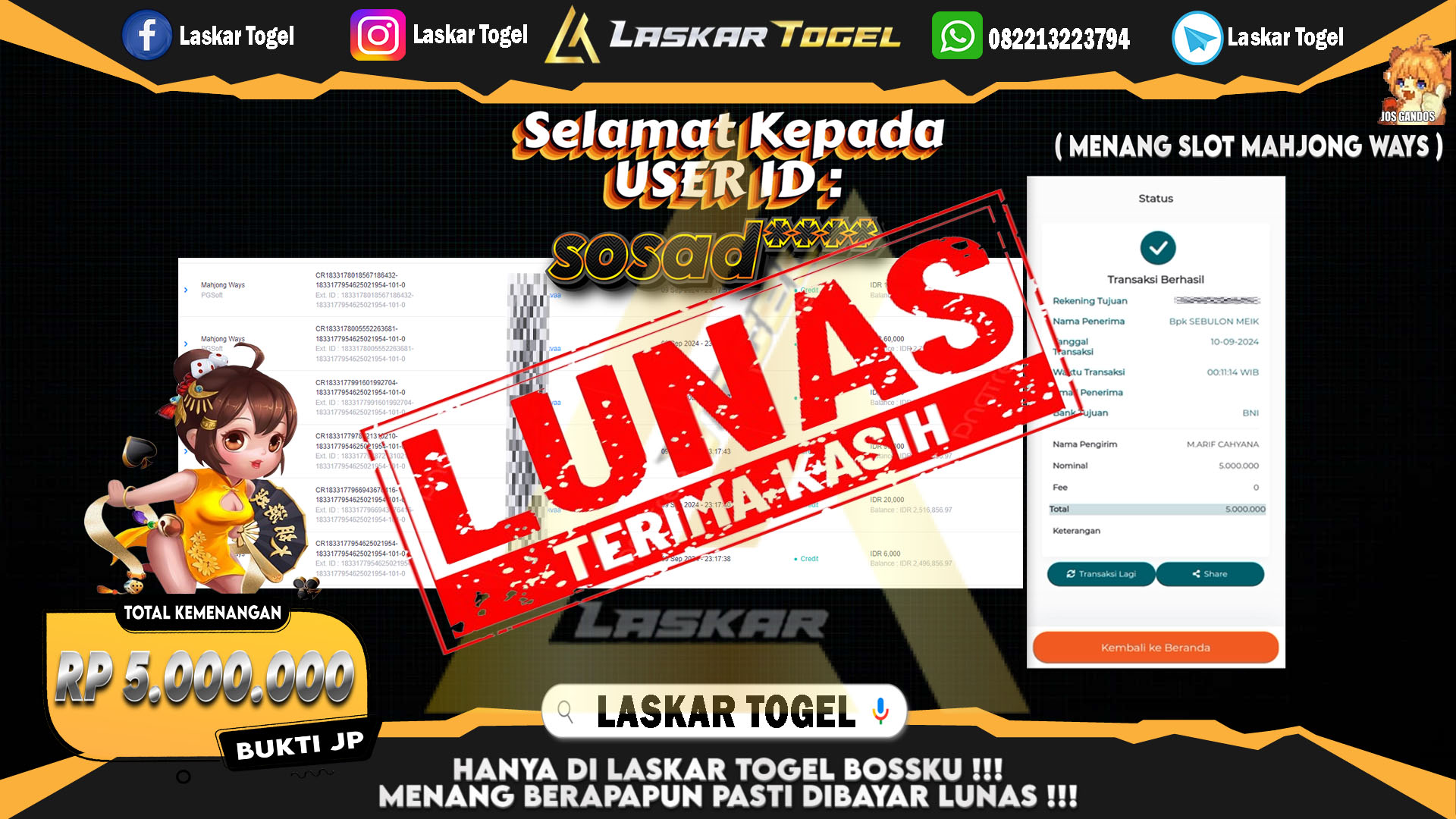 LASKARTOGEL JACKPOT TOGEL TOTO MACAU Rp.5.000.000.,- LUNAS