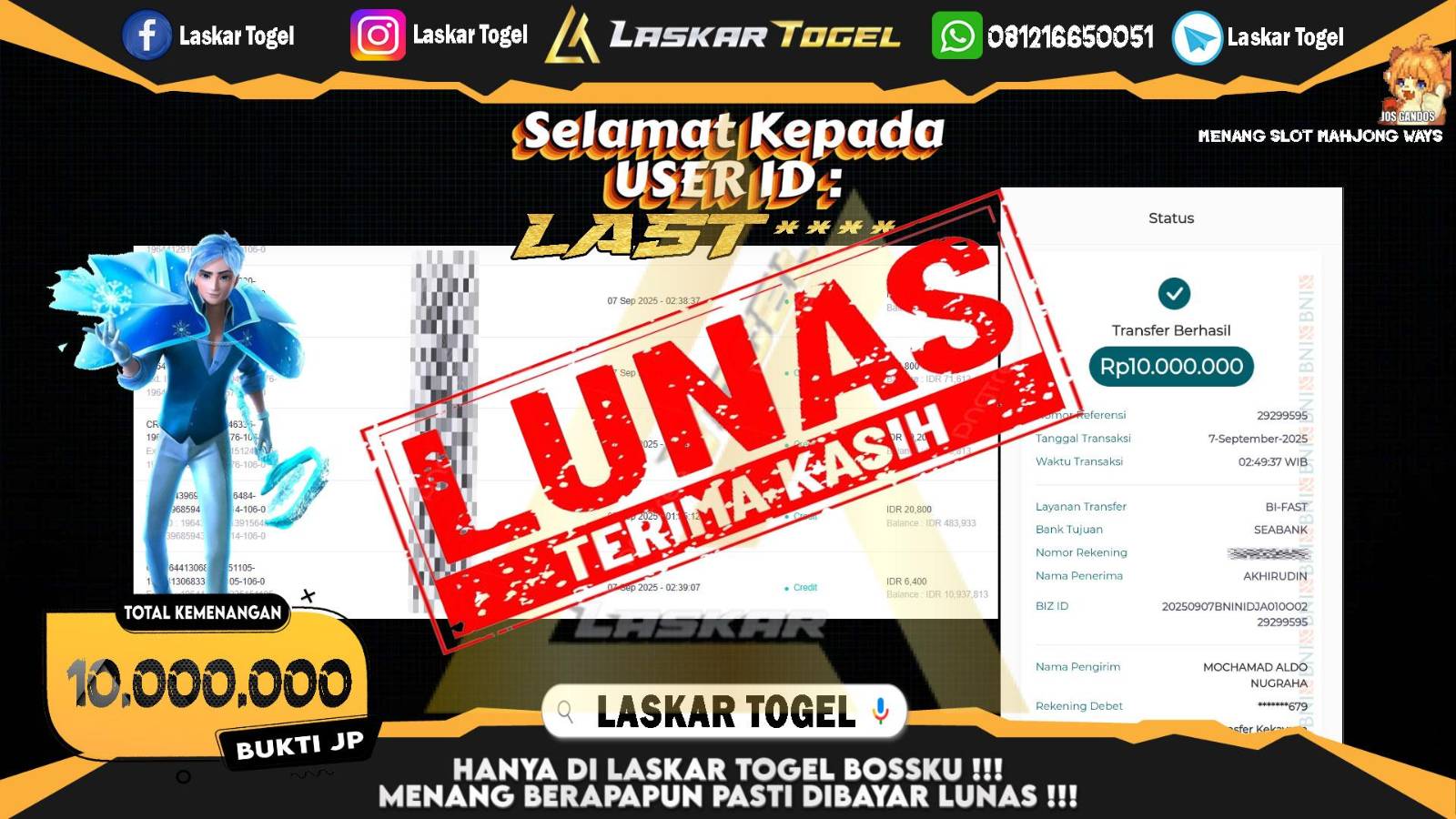 LASKARTOGEL JACKPOT SLOT MAHJONG WAYS Rp.10.000.000,- LUNAS