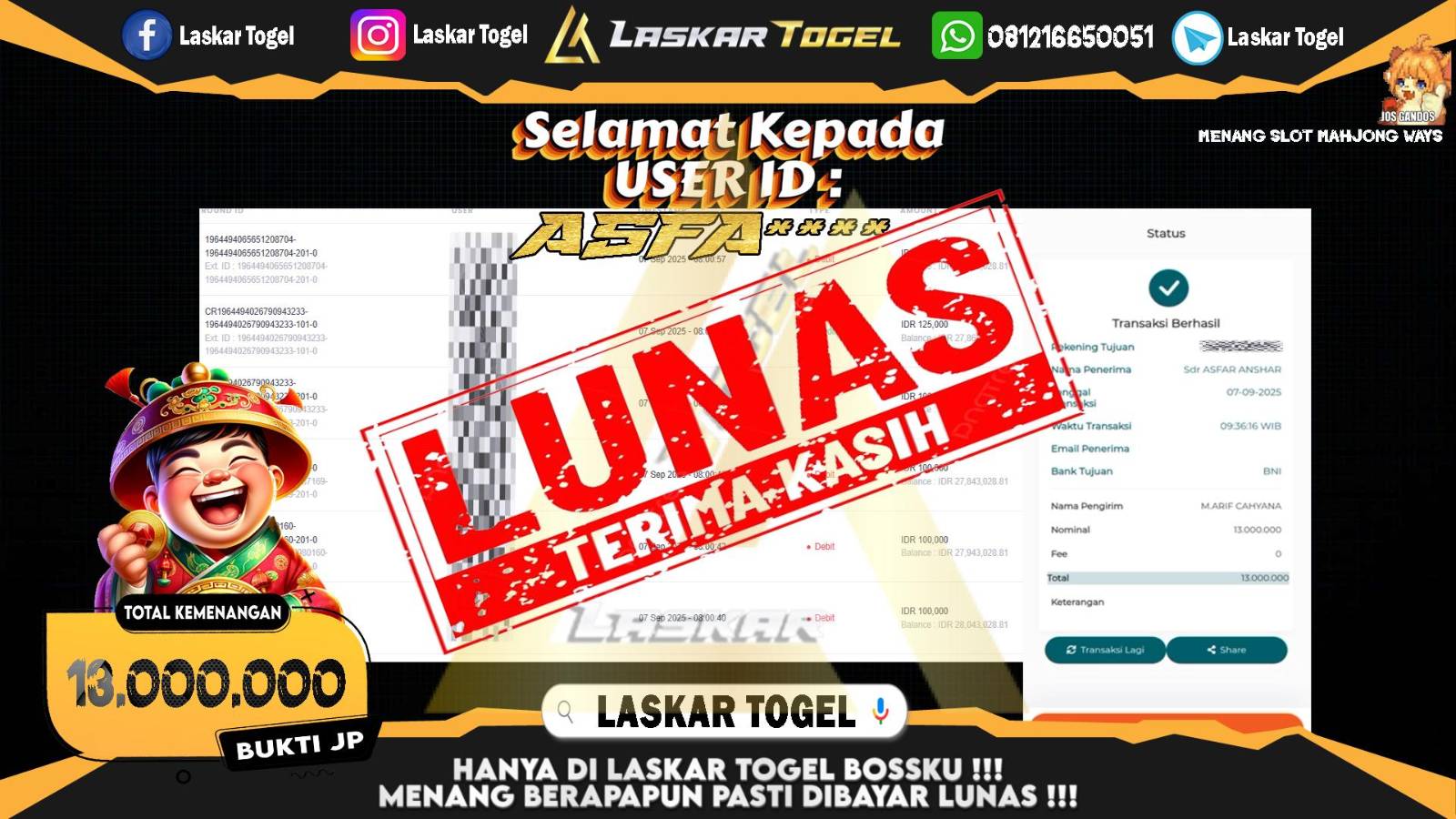 LASKARTOGEL JACKPOT SLOT MAHJONG WAYS Rp.13.000.000,- LUNAS