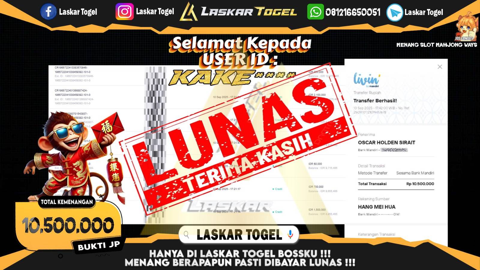 LASKARTOGEL JACKPOT SLOT MAHJONG WAYS Rp.10.500.000,- LUNAS