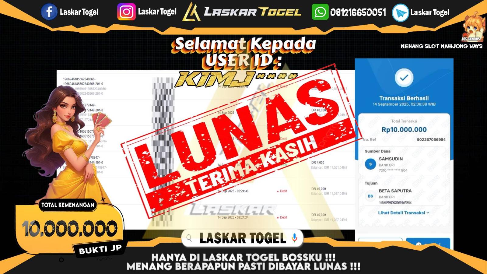 LASKARTOGEL JACKPOT SLOT MAHJONG WAYS Rp.10.000.000,- LUNAS