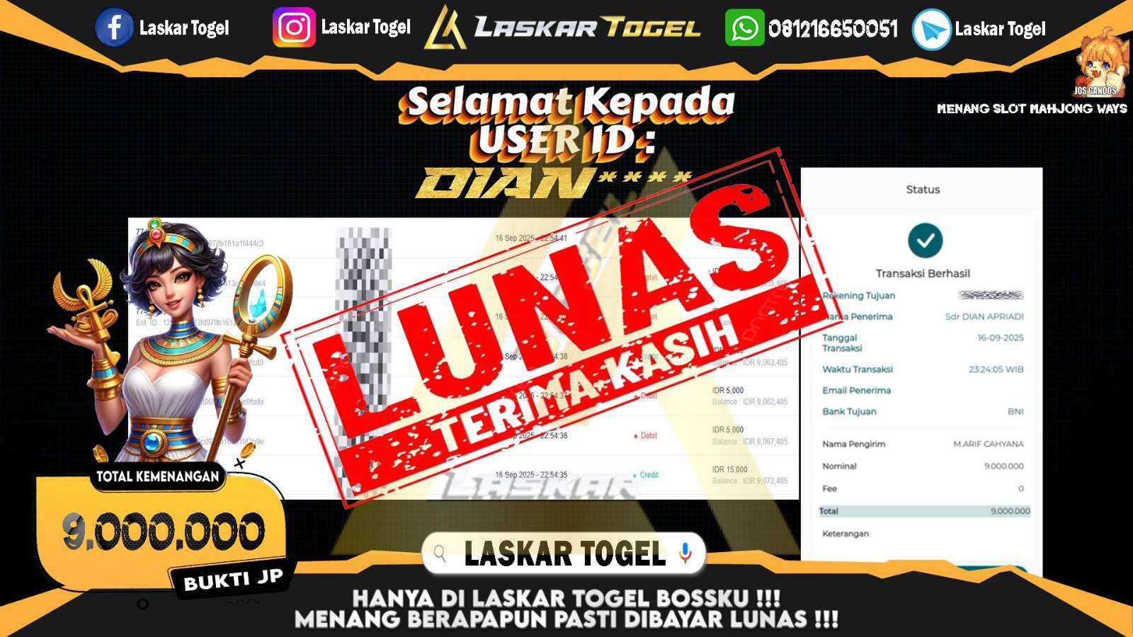 LASKARTOGEL JACKPOT SLOT MAHJONG WAYS Rp.9.000.000,- LUNAS