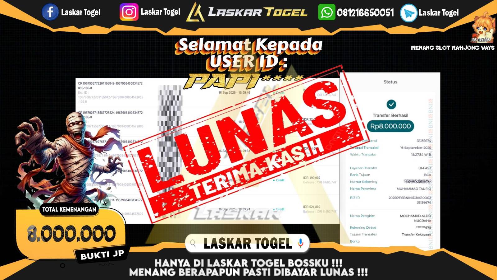 LASKARTOGEL JACKPOT SLOT MAHJONG WAYS Rp.8.000.000,- LUNAS