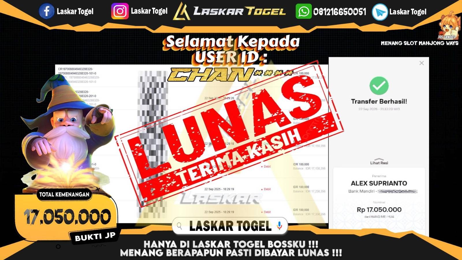 LASKARTOGEL JACKPOT SLOT MAHJONG WAYS Rp.17.050.000,- LUNAS