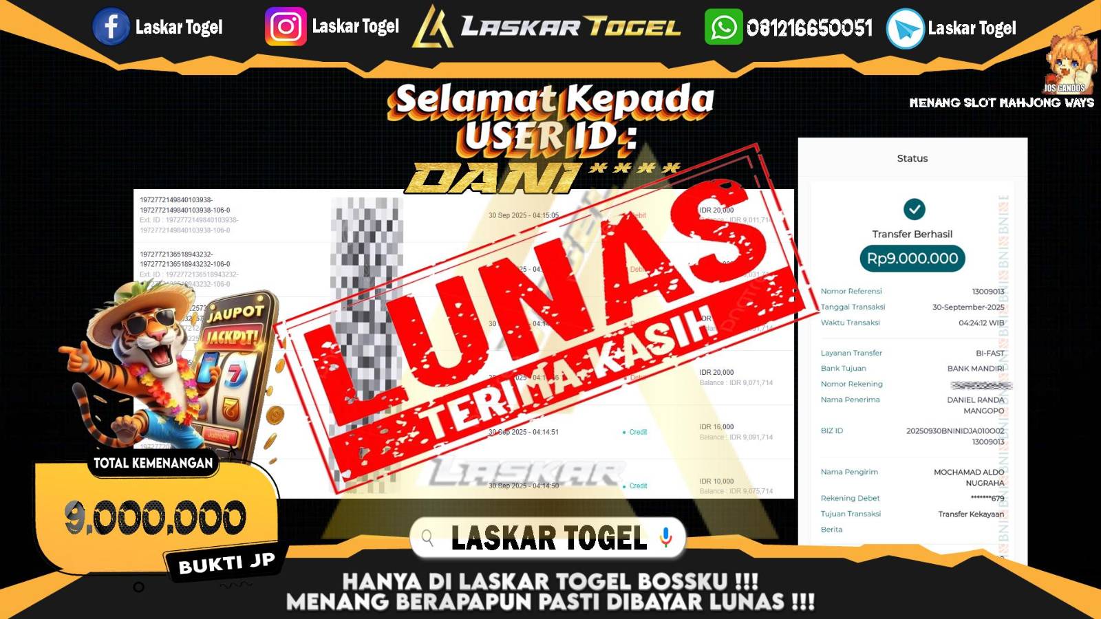 LASKARTOGEL JACKPOT SLOT MAHJONG WAYS Rp.9.000.000,- LUNAS