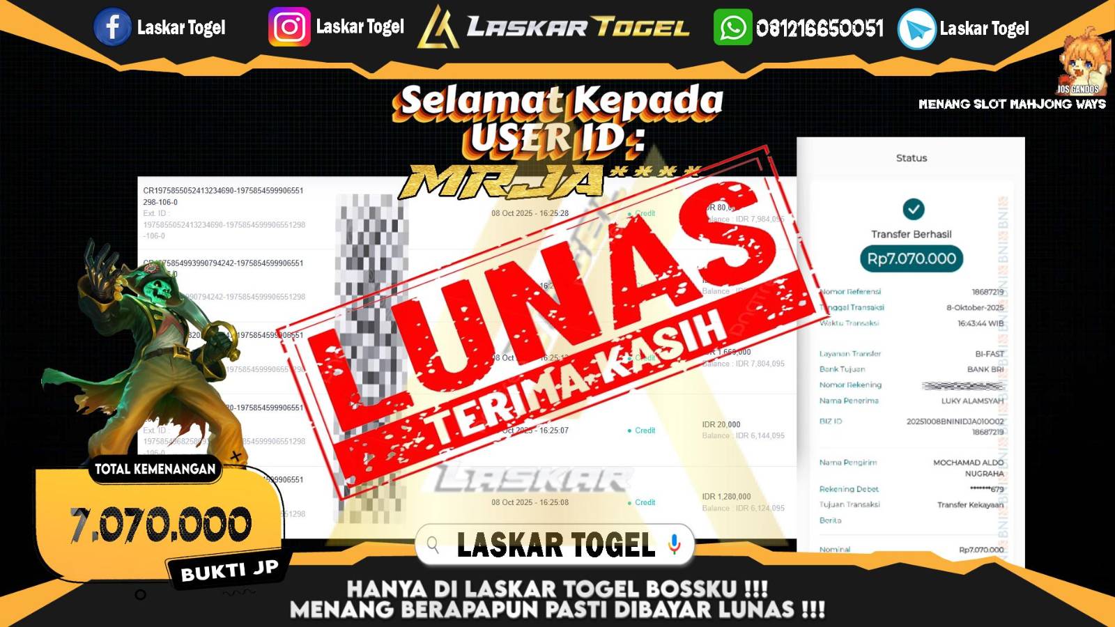 LASKARTOGEL JACKPOT SLOT MAHJONG WAYS Rp.7.070.000,- LUNAS