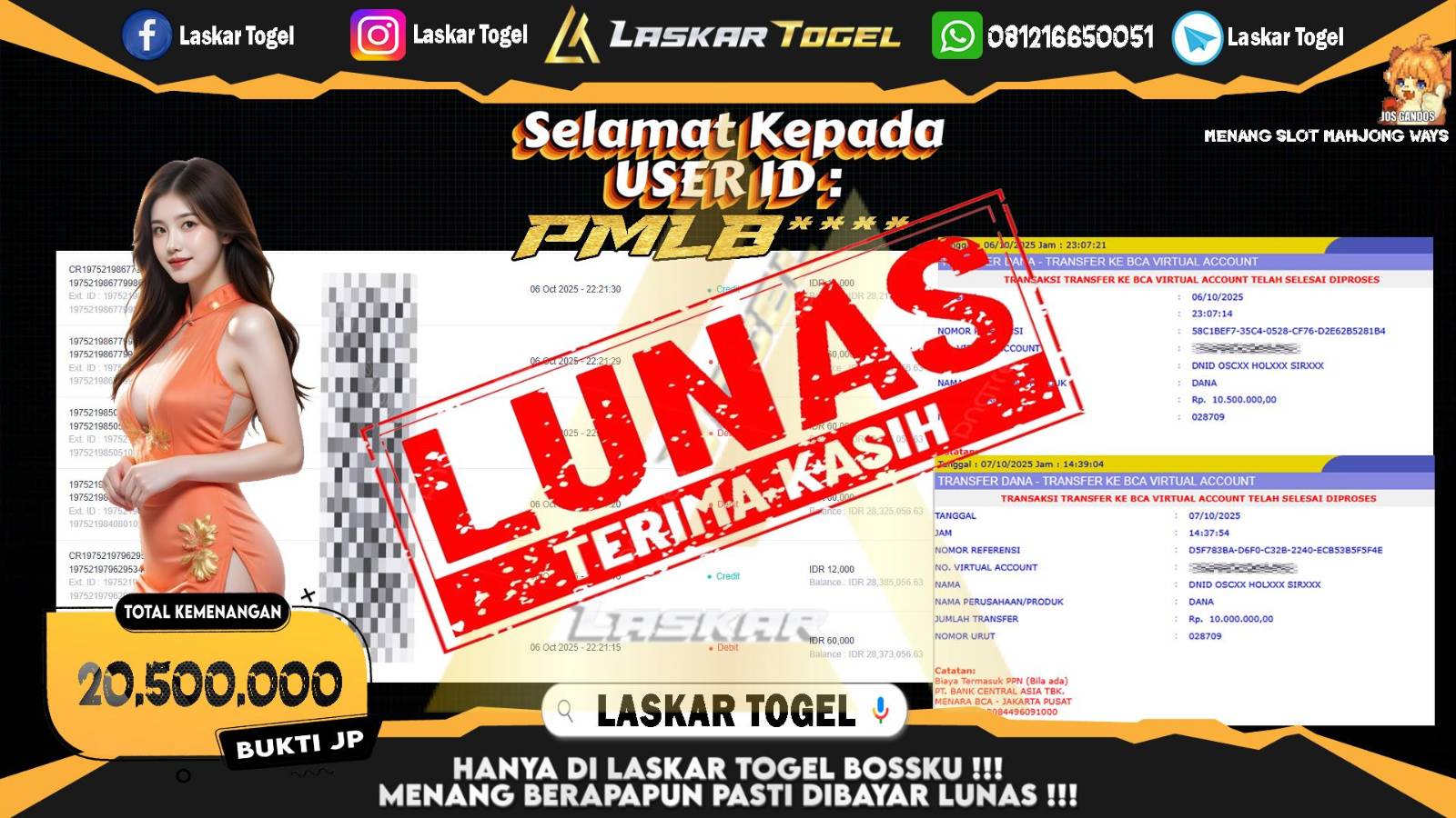 LASKARTOGEL JACKPOT SLOT MAHJONG WAYS Rp.20.500.000,- LUNAS