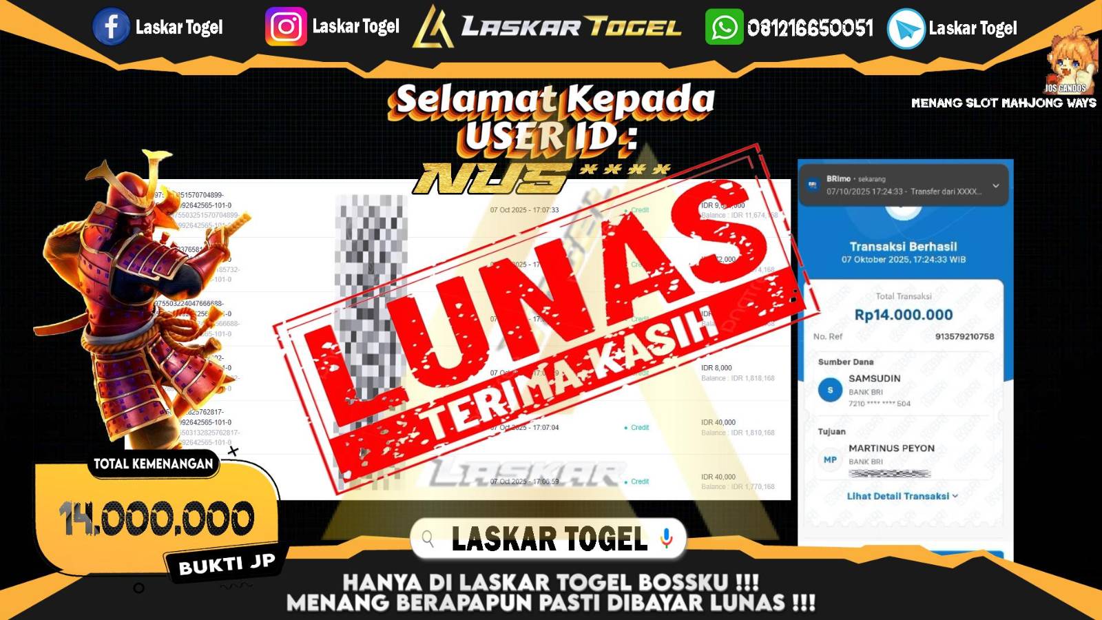 LASKARTOGEL JACKPOT SLOT MAHJONG WAYS Rp.14.000.000,- LUNAS