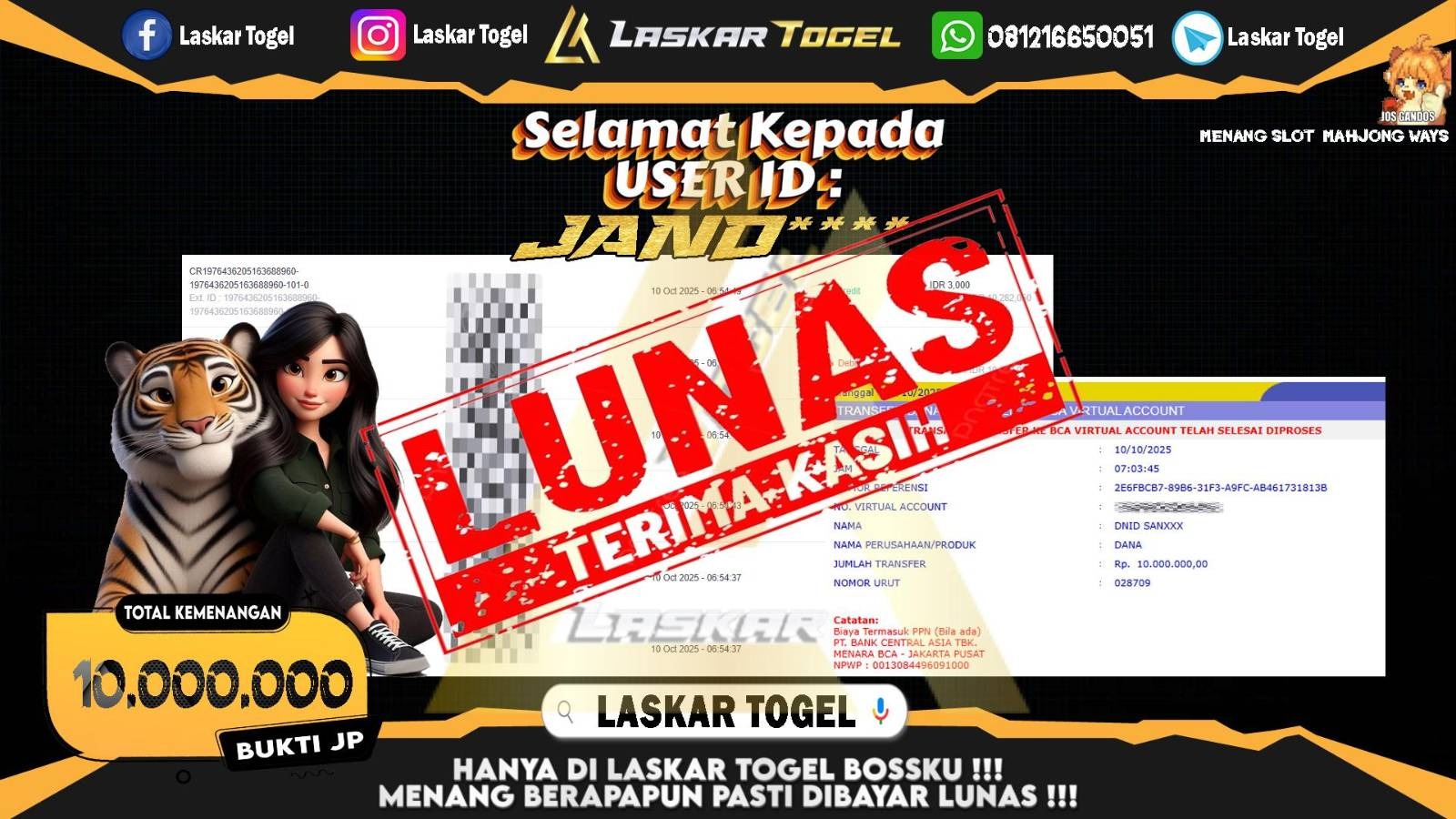 LASKARTOGEL JACKPOT SLOT MAHJONG WAYS Rp.10.000.000,- LUNAS