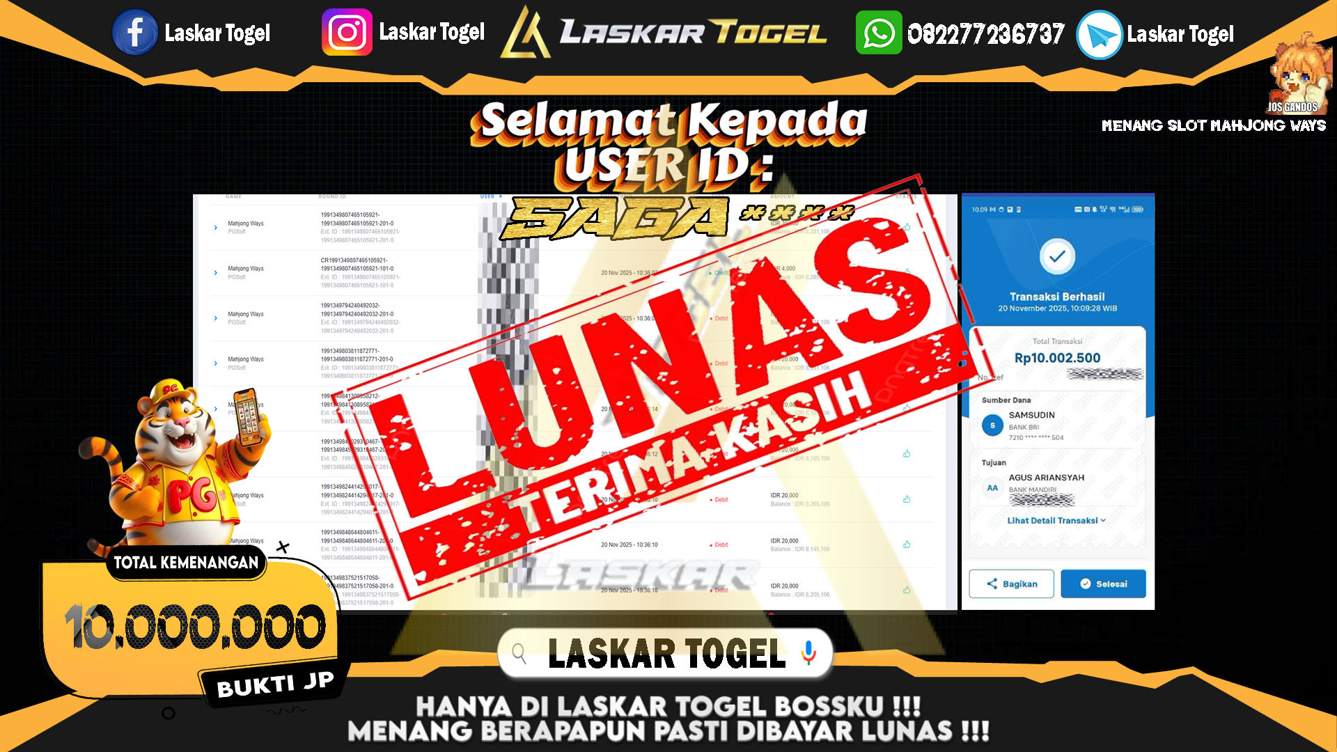 LASKARTOGEL JACKPOT SLOT MAHJONG WAYS Rp.10.000.000,- LUNAS