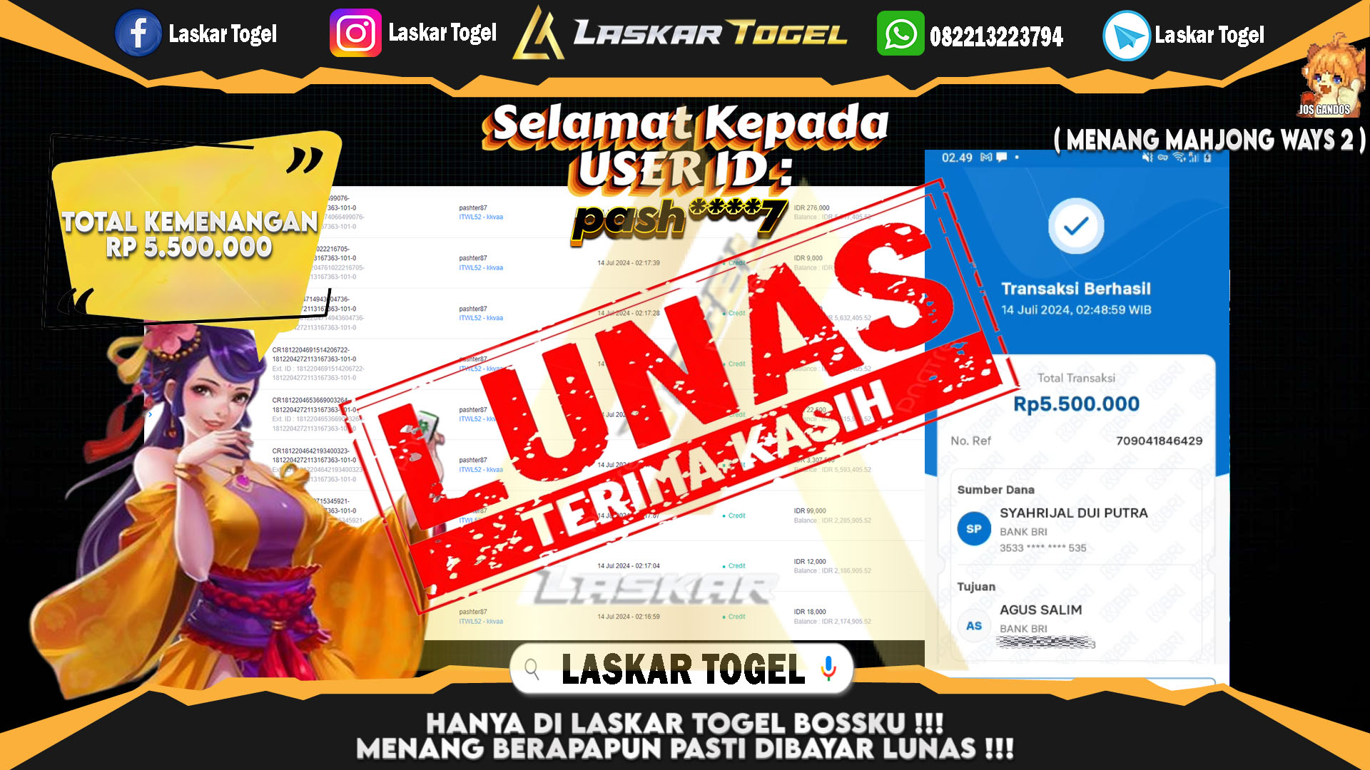 LASKARTOGEL JACKPOT  SLOT MAHJONG WAYS2 Rp.5.500.000.,- LUNAS