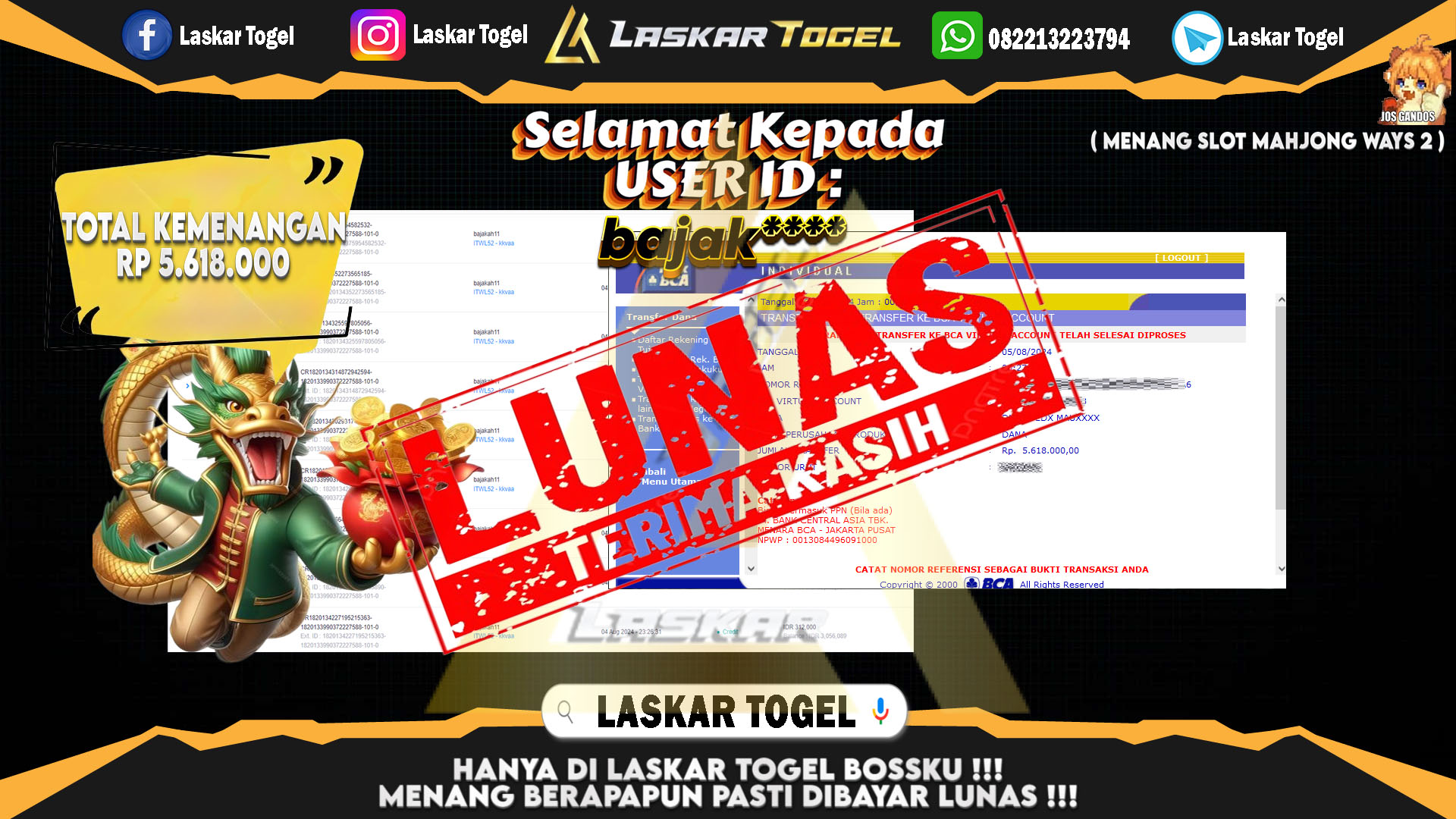 LASKARTOGEL JACKPOT TOGEL TOTO MACAU Rp.5.000.000.,- LUNAS