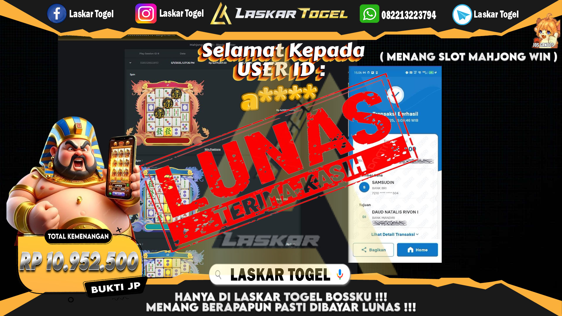 LASKARTOGEL JACKPOT SLOT MAHJONG WIN Rp.10.952.500.,- LUNAS