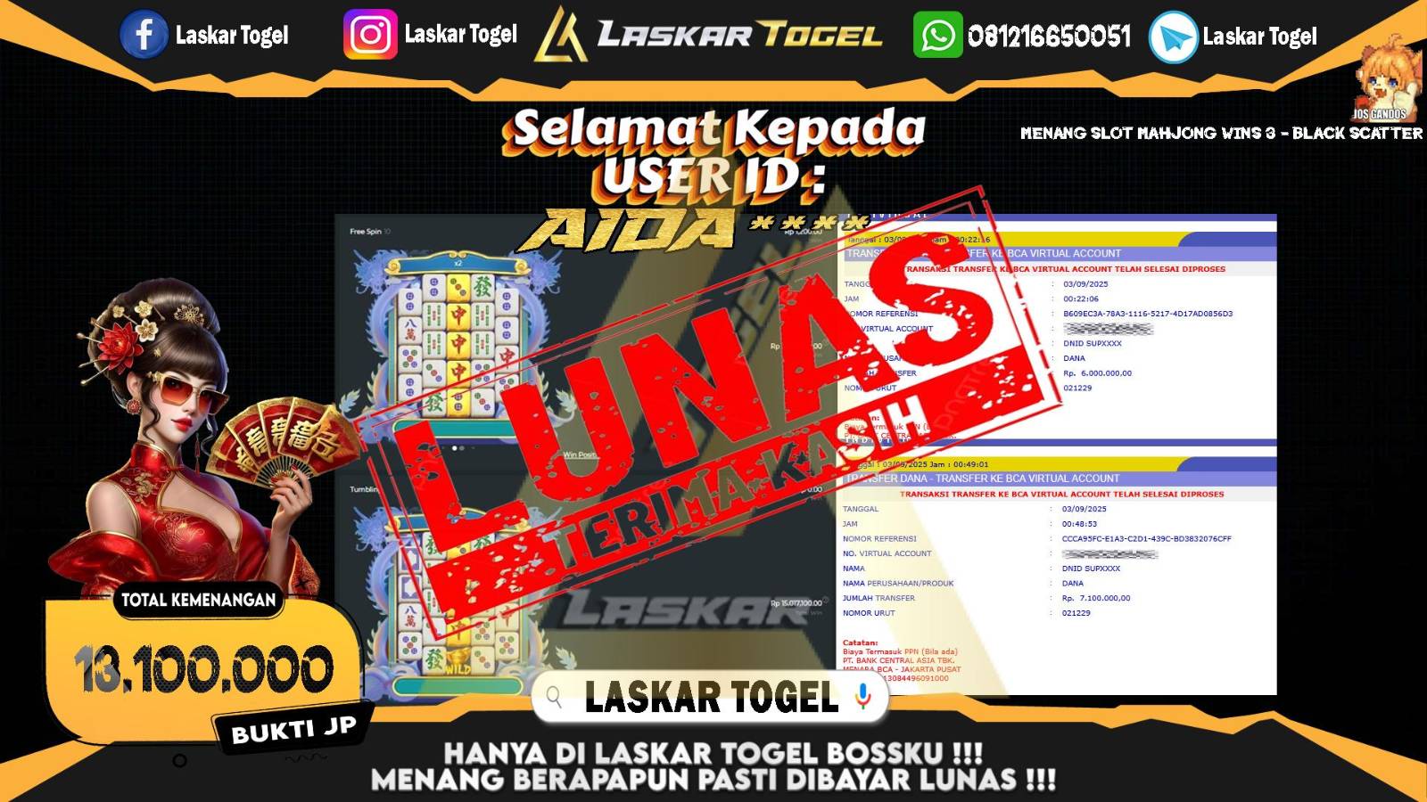 LASKARTOGEL JACKPOT SLOT MAHJONG WINS 3 - BLACK SCATTER Rp.13.100.000,- LUNAS