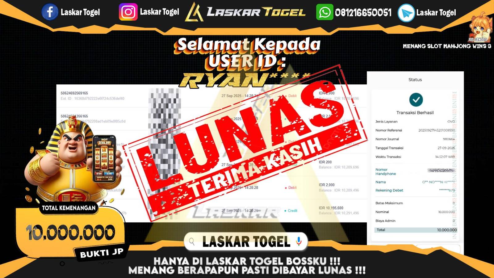 LASKARTOGEL JACKPOT SLOT MAHJONG WINS 3 Rp.10.000.000,- LUNAS