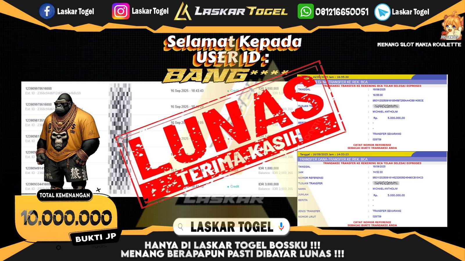 LASKARTOGEL JACKPOT SLOT MANIA ROULETTE Rp.10.000.000,- LUNAS