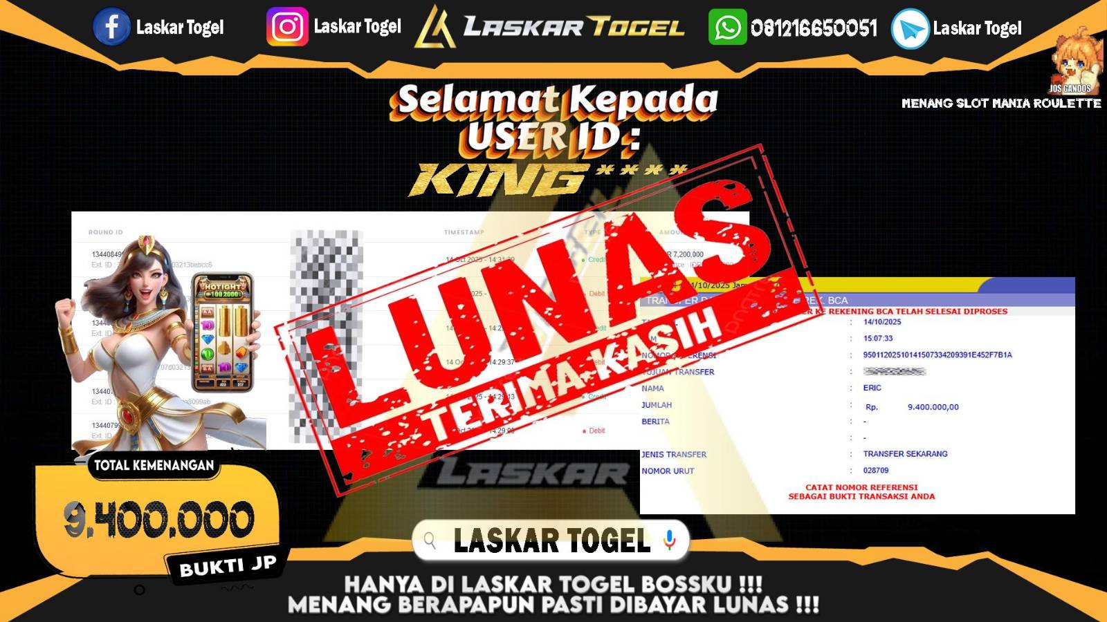 LASKARTOGEL JACKPOT SLOT MANIA ROULETTE Rp.9.400.000,- LUNAS