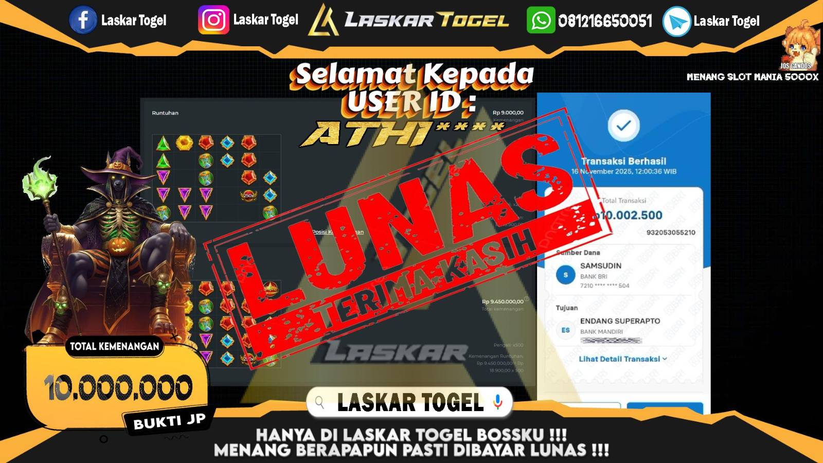 LASKARTOGEL JACKPOT SLOT MANIA 5000X Rp.10.000.000,- LUNAS