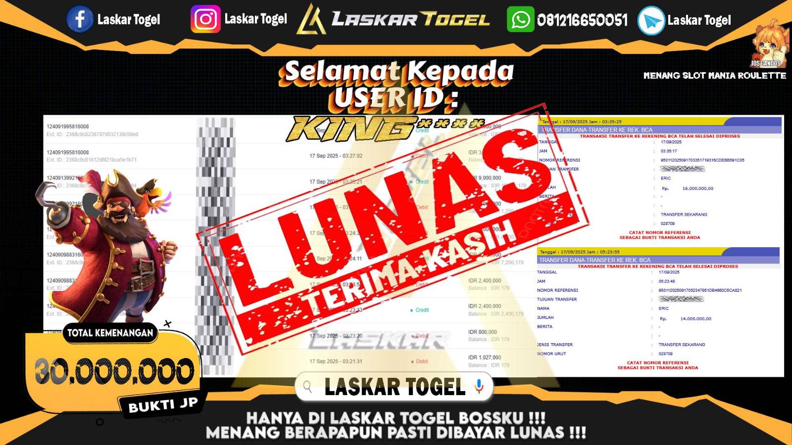 LASKARTOGEL JACKPOT SLOT MANIA ROULETTE Rp.30.000.000,- LUNAS