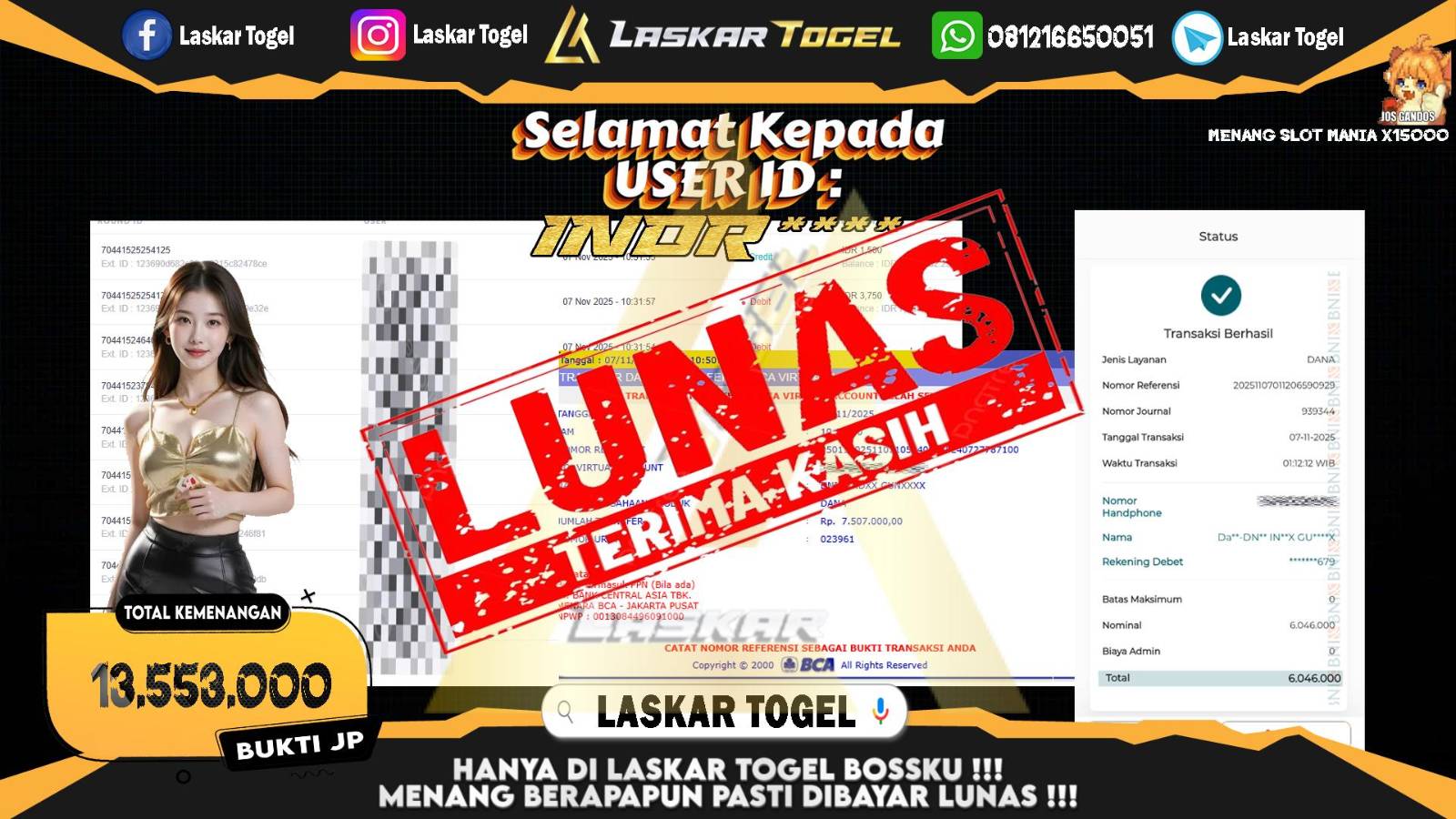 LASKARTOGEL JACKPOT SLOT MANIA X15000 Rp.13.553.000,- LUNAS