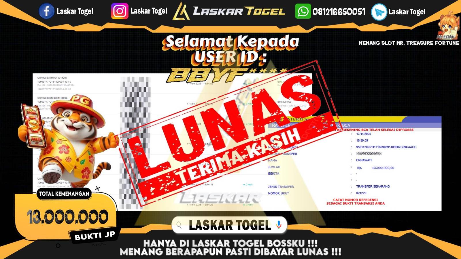 LASKARTOGEL JACKPOT SLOT MR.TREASURE FORTUNE Rp.13.000.000,- LUNAS