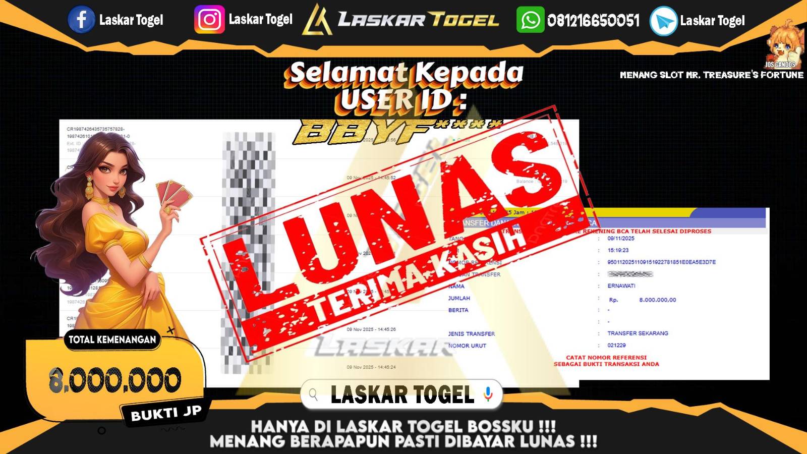 LASKARTOGEL JACKPOT SLOT MR.TREASURE'S FORTUNE Rp.8.000.000,- LUNAS