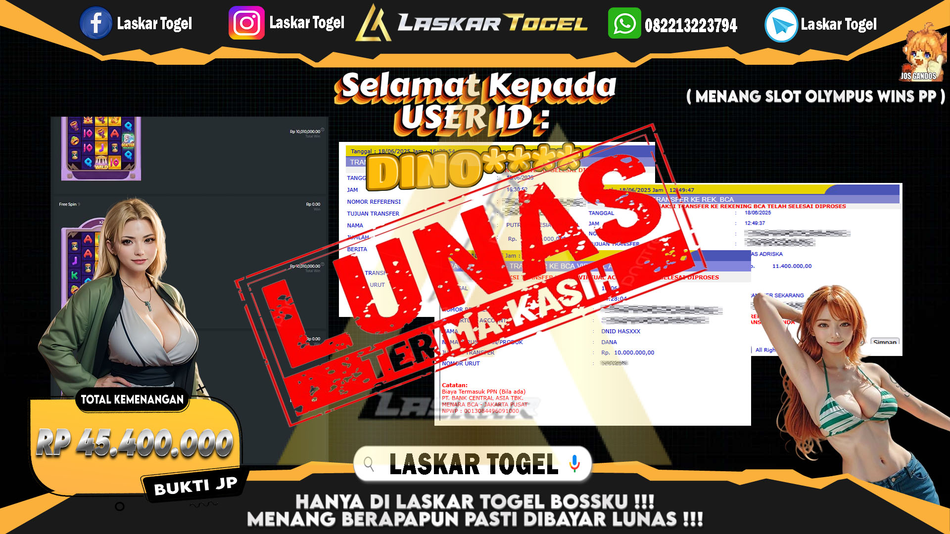 LASKARTOGEL JACKPOT SLOT OYLMPUS WINS PP Rp.45.400.000.,- LUNAS