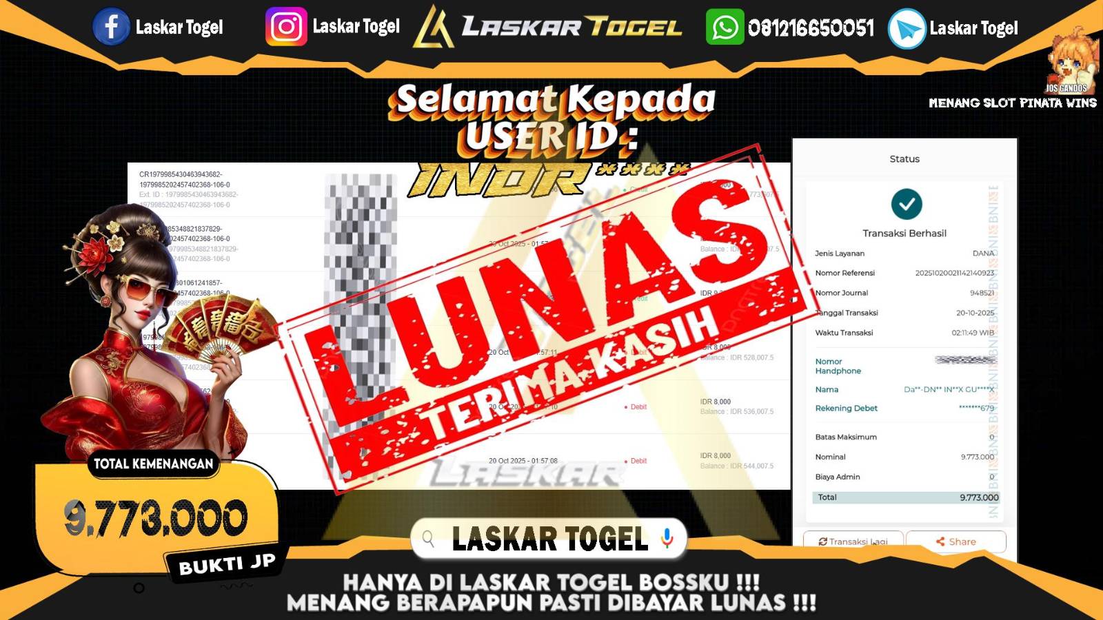 LASKARTOGEL JACKPOT SLOT PINATA WINS Rp.9.773.000,- LUNAS