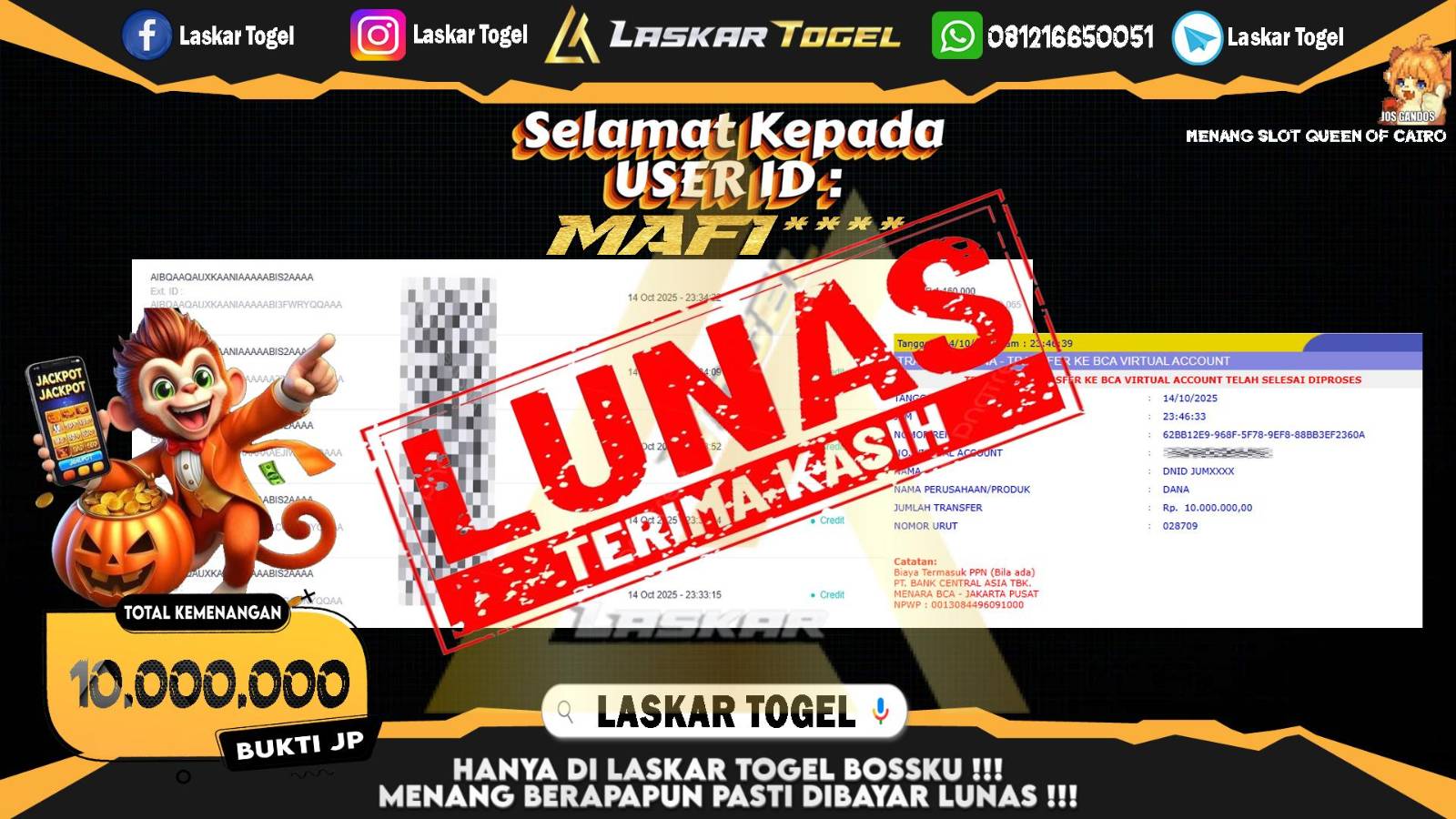 LASKARTOGEL JACKPOT SLOT QUEEN OF CAIRO Rp.10.000.000,- LUNAS