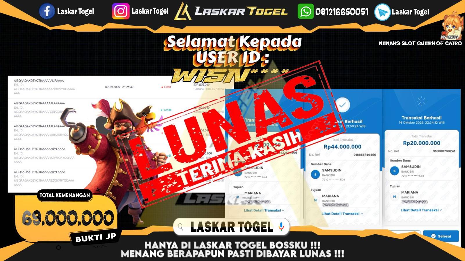 LASKARTOGEL JACKPOT SLOT QUEEN OF CAIRO Rp.69.000.000,- LUNAS